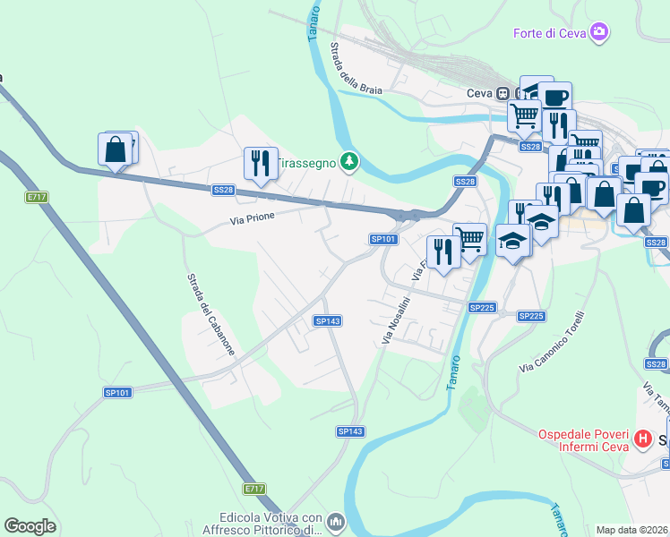 map of restaurants, bars, coffee shops, grocery stores, and more near 12 Via Mombasiglio in Ceva