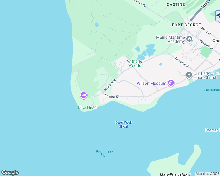 map of restaurants, bars, coffee shops, grocery stores, and more near 25 Battle Avenue in Castine