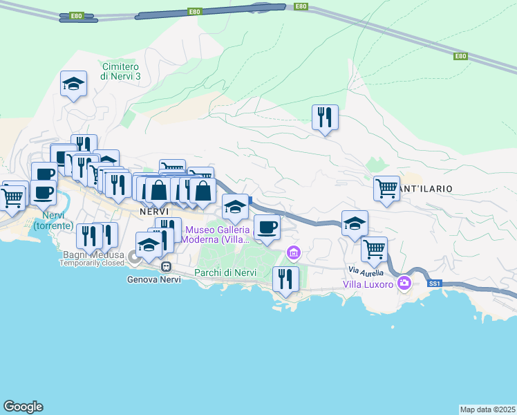 map of restaurants, bars, coffee shops, grocery stores, and more near in Genoa