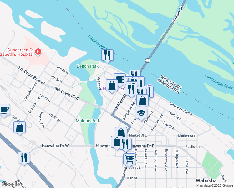 map of restaurants, bars, coffee shops, grocery stores, and more near 329 2nd Street West in Wabasha