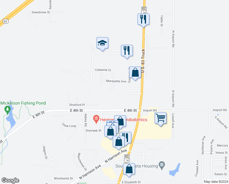 map of restaurants, bars, coffee shops, grocery stores, and more near 2412 East 4th Street in Pierre