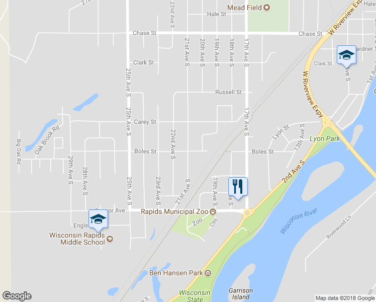map of restaurants, bars, coffee shops, grocery stores, and more near Boles Street in Wisconsin Rapids