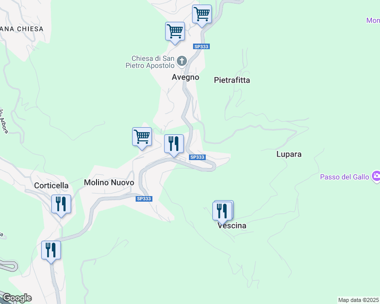 map of restaurants, bars, coffee shops, grocery stores, and more near 37 Strada Provinciale 333 di Uscio in Città Metropolitana di Genova