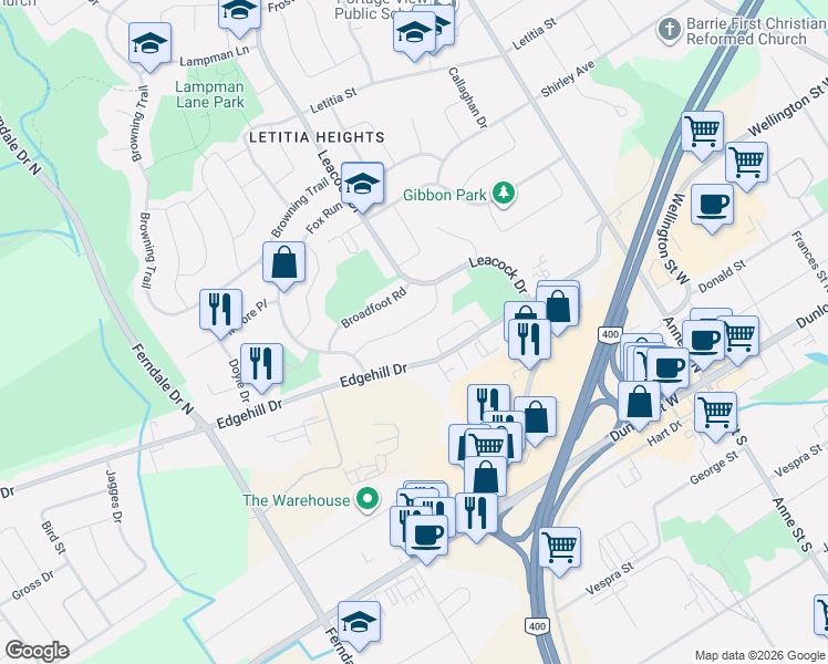 map of restaurants, bars, coffee shops, grocery stores, and more near 65 Eden Drive in Barrie