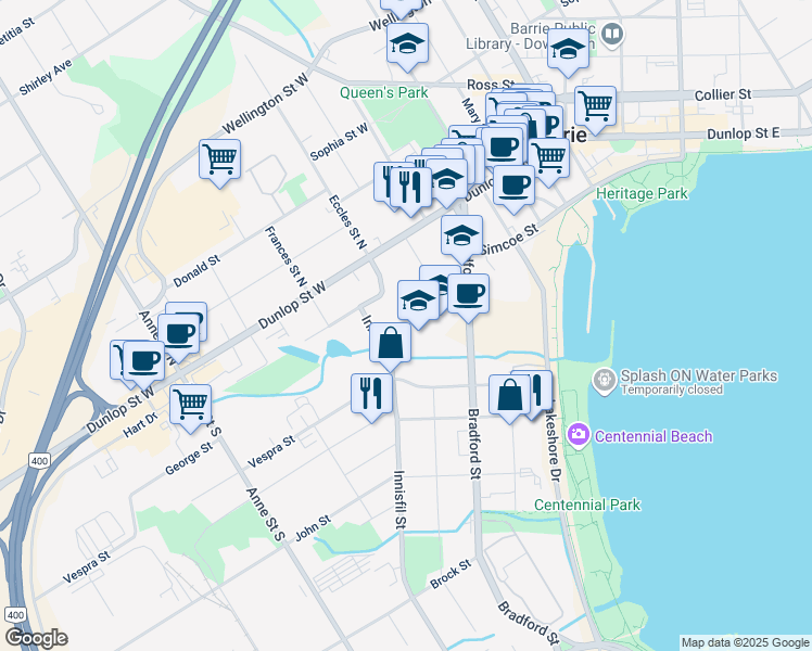 map of restaurants, bars, coffee shops, grocery stores, and more near 7 Innisfil Street in Barrie