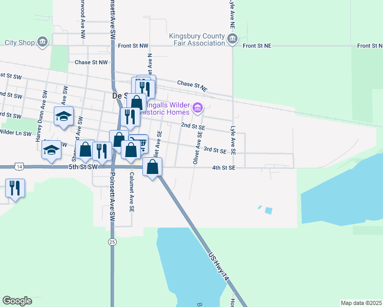 map of restaurants, bars, coffee shops, grocery stores, and more near 307 4th Street Southeast in De Smet