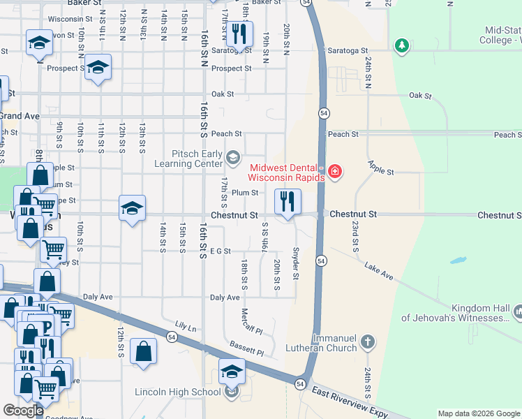 map of restaurants, bars, coffee shops, grocery stores, and more near 820 19th Street South in Wisconsin Rapids