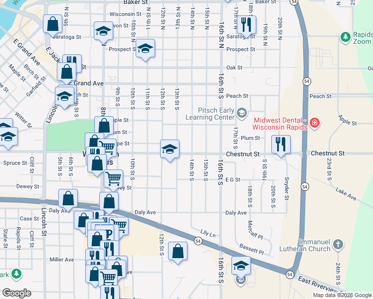 map of restaurants, bars, coffee shops, grocery stores, and more near 1410 Chestnut Street in Wisconsin Rapids