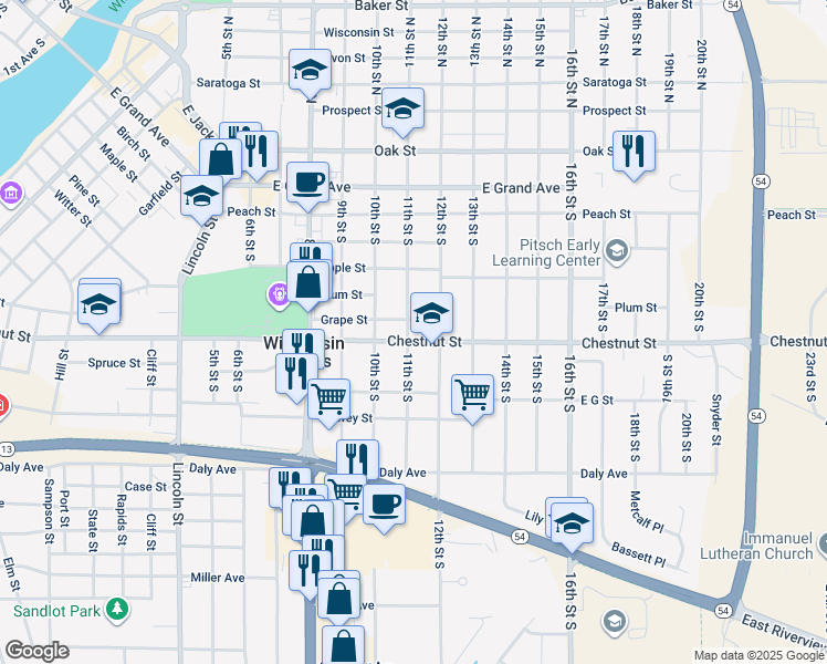 map of restaurants, bars, coffee shops, grocery stores, and more near 820 12th Street South in Wisconsin Rapids