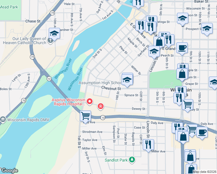 map of restaurants, bars, coffee shops, grocery stores, and more near 1320 Garfield Street in Wisconsin Rapids