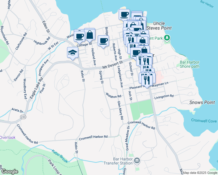 map of restaurants, bars, coffee shops, grocery stores, and more near 15 Waldron Road in Bar Harbor