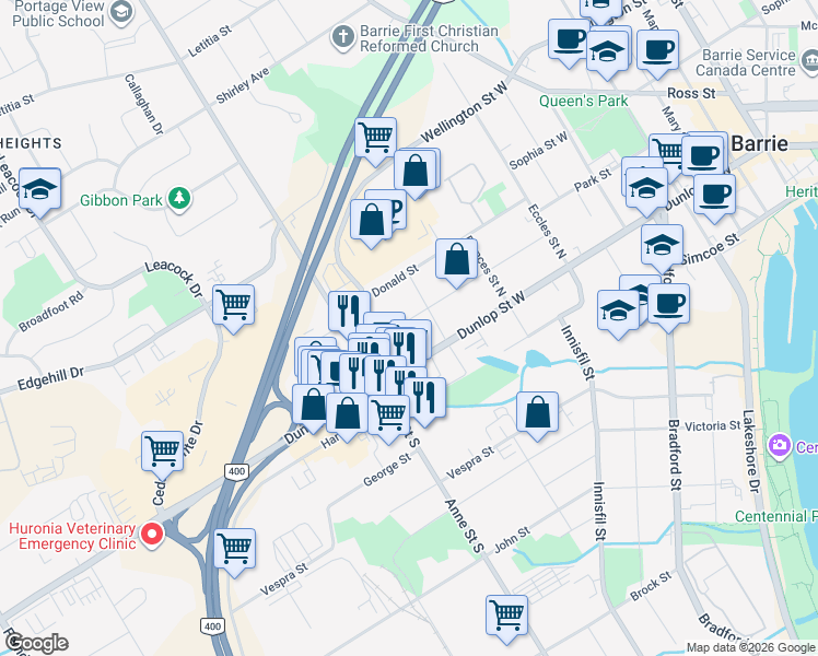map of restaurants, bars, coffee shops, grocery stores, and more near 95 Henry Street in Barrie