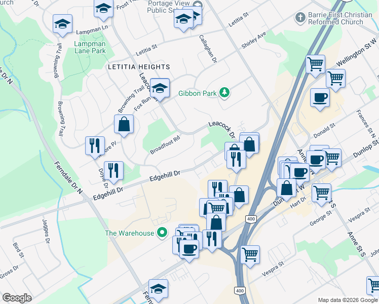 map of restaurants, bars, coffee shops, grocery stores, and more near 57 Eden Drive in Barrie