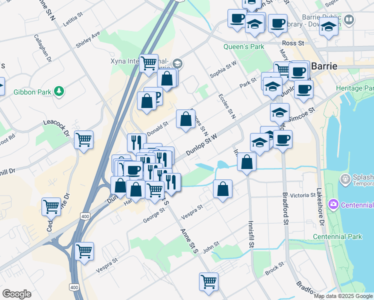 map of restaurants, bars, coffee shops, grocery stores, and more near 240 Dunlop Street West in Barrie