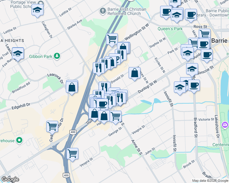 map of restaurants, bars, coffee shops, grocery stores, and more near 104 Henry Street in Barrie