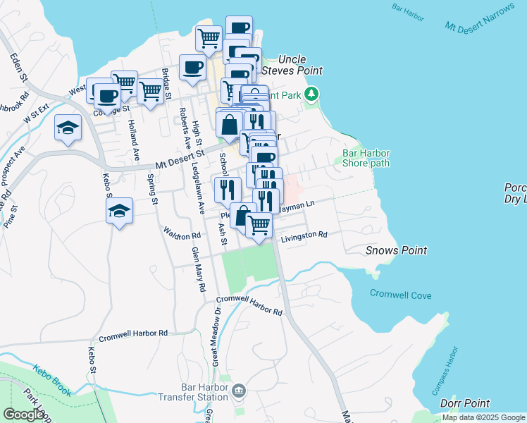 map of restaurants, bars, coffee shops, grocery stores, and more near 317 Main Street in Bar Harbor