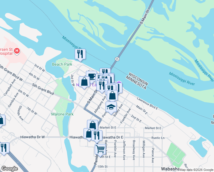 map of restaurants, bars, coffee shops, grocery stores, and more near 225 Lawrence Boulevard West in Wabasha