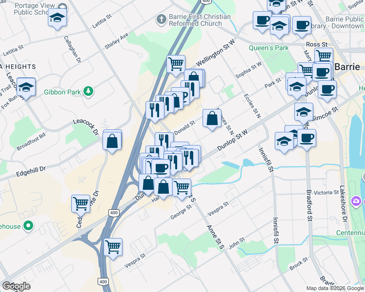 map of restaurants, bars, coffee shops, grocery stores, and more near 102 Henry Street in Barrie