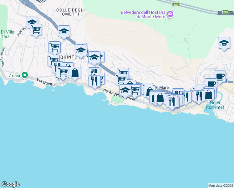 map of restaurants, bars, coffee shops, grocery stores, and more near 16 Via Fabio Filzi in Genova Quinto al mare