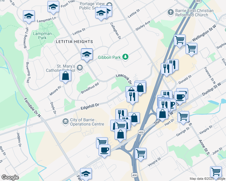 map of restaurants, bars, coffee shops, grocery stores, and more near 16 Engel Crescent in Barrie