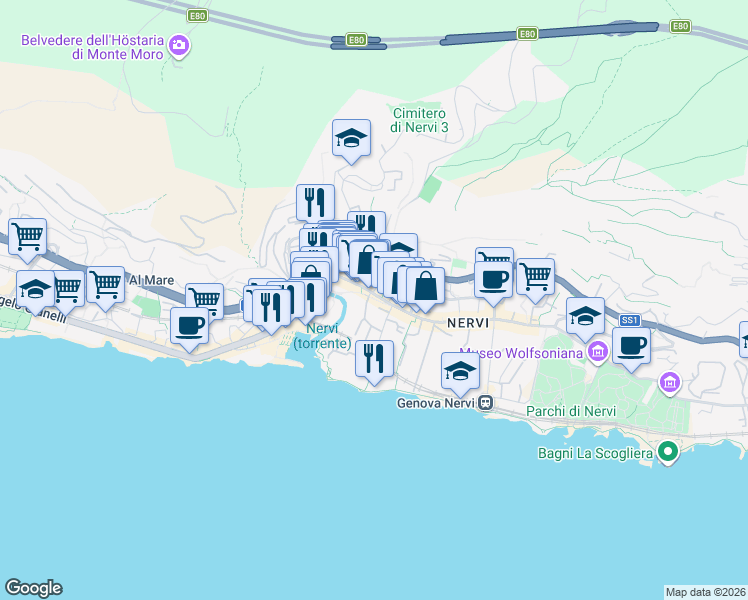map of restaurants, bars, coffee shops, grocery stores, and more near 155 Via Guglielmo Oberdan in Genova