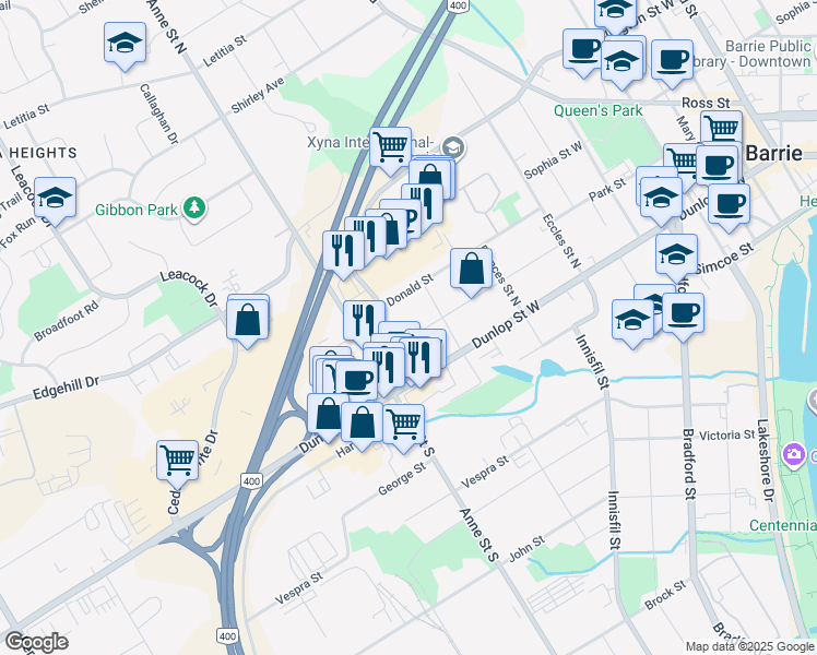 map of restaurants, bars, coffee shops, grocery stores, and more near 96 Henry Street in Barrie