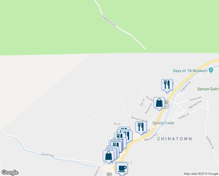 map of restaurants, bars, coffee shops, grocery stores, and more near 1 Spring Creek Road in Deadwood