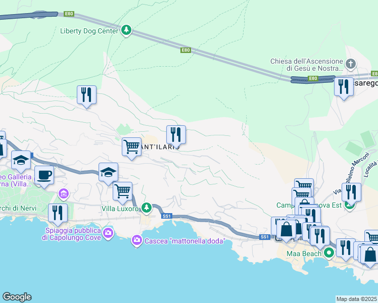 map of restaurants, bars, coffee shops, grocery stores, and more near 5 Via del Pendicollo in Genova
