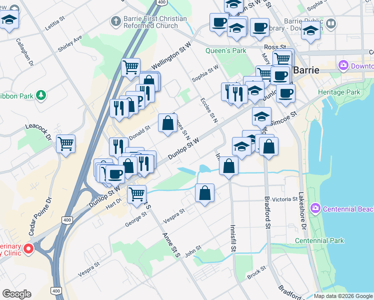 map of restaurants, bars, coffee shops, grocery stores, and more near 217 Dunlop Street West in Barrie