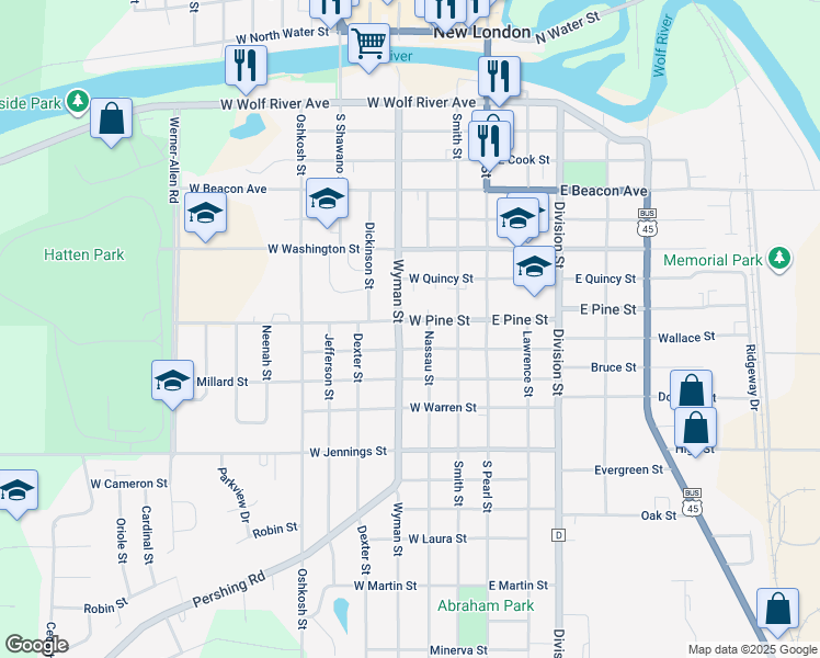 map of restaurants, bars, coffee shops, grocery stores, and more near 914 Wyman Street in New London