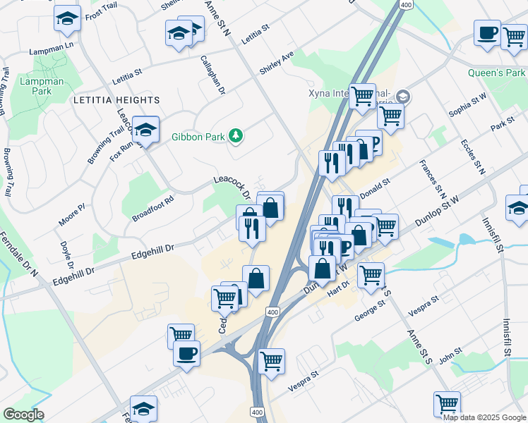 map of restaurants, bars, coffee shops, grocery stores, and more near 126 Edgehill Drive in Barrie