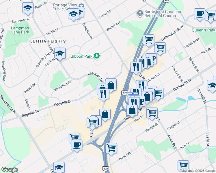 map of restaurants, bars, coffee shops, grocery stores, and more near 131 Edgehill Drive in Barrie