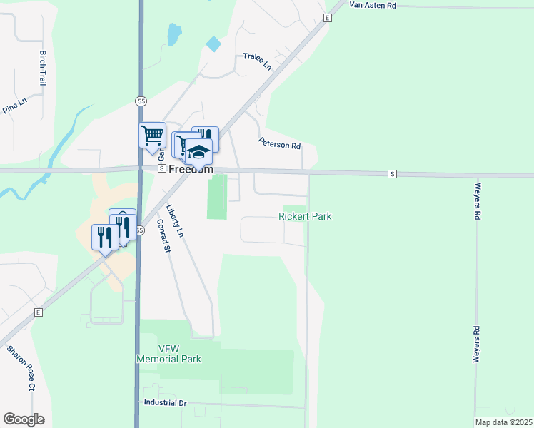 map of restaurants, bars, coffee shops, grocery stores, and more near W2031 Vans Court in Freedom