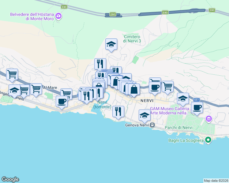 map of restaurants, bars, coffee shops, grocery stores, and more near 155 Via Guglielmo Oberdan in Genova
