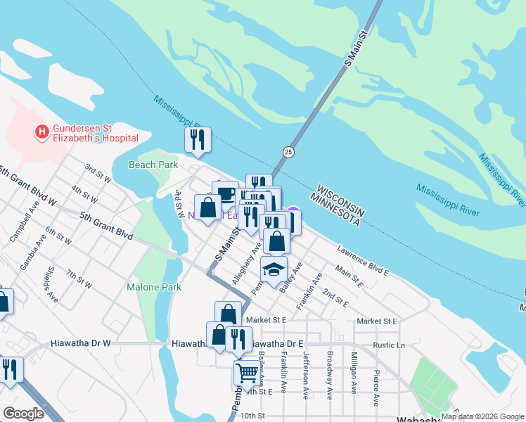 map of restaurants, bars, coffee shops, grocery stores, and more near 225 Lawrence Boulevard West in Wabasha