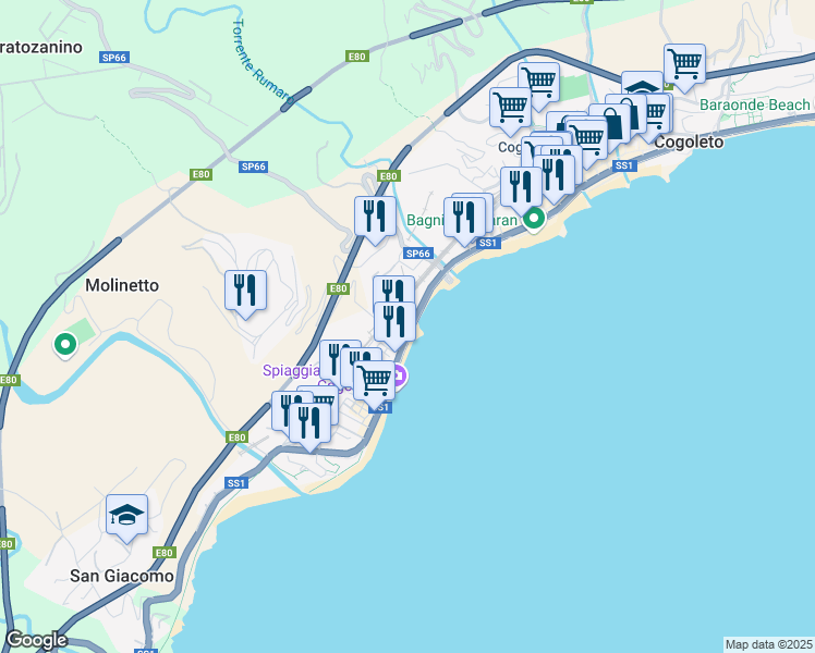 map of restaurants, bars, coffee shops, grocery stores, and more near 8 Strada Statale 1 in Cogoleto