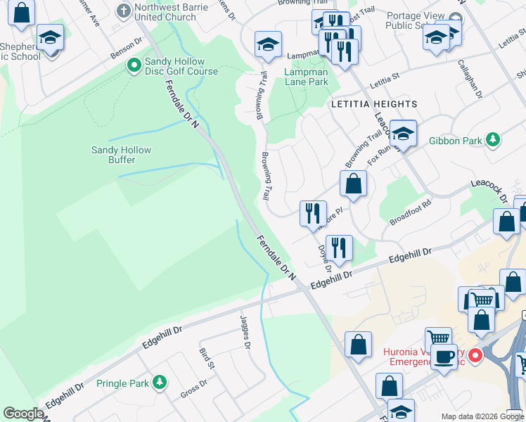 map of restaurants, bars, coffee shops, grocery stores, and more near 123 Browning Trail in Barrie