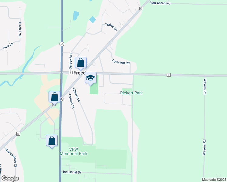 map of restaurants, bars, coffee shops, grocery stores, and more near W2031 Vans Court in Freedom
