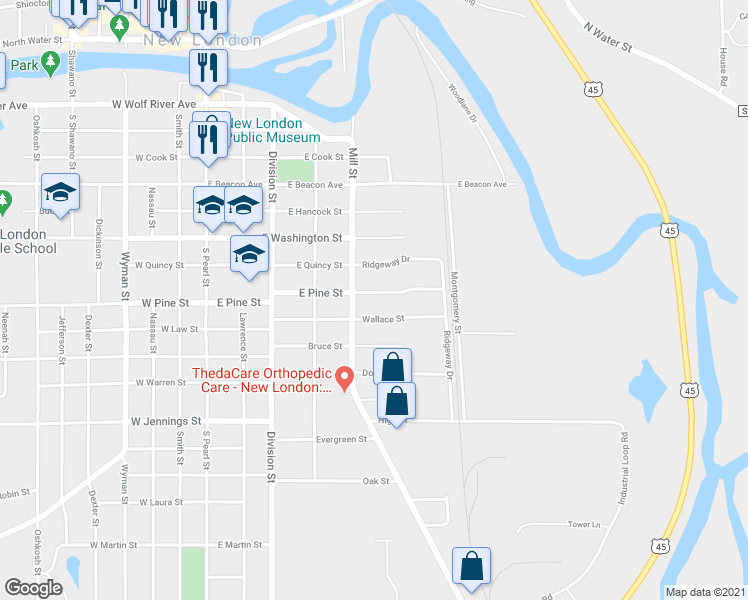 map of restaurants, bars, coffee shops, grocery stores, and more near 514 E Pine St in New London