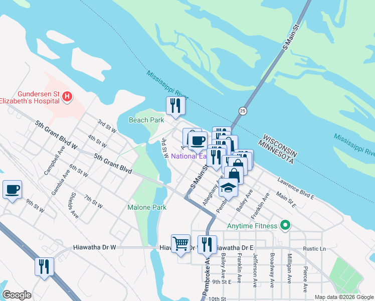map of restaurants, bars, coffee shops, grocery stores, and more near 136 Arch Avenue in Wabasha