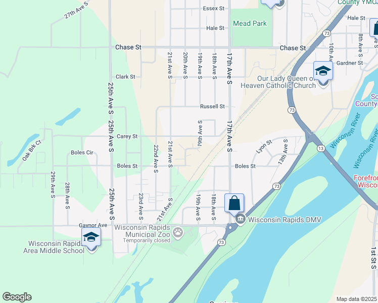 map of restaurants, bars, coffee shops, grocery stores, and more near 1155 19th Avenue South in Wisconsin Rapids