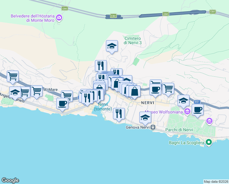 map of restaurants, bars, coffee shops, grocery stores, and more near 155 Via Guglielmo Oberdan in Genova