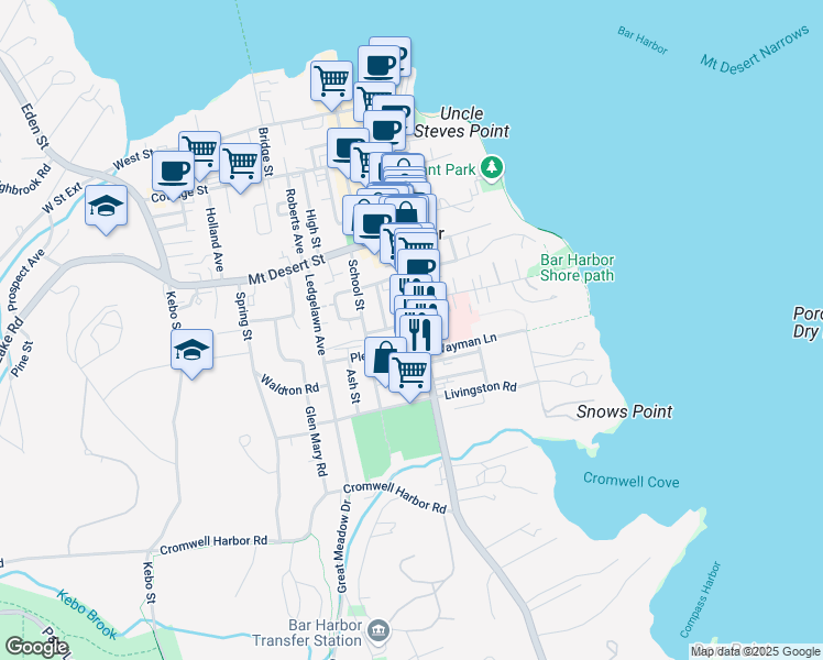 map of restaurants, bars, coffee shops, grocery stores, and more near 317 Main Street in Bar Harbor
