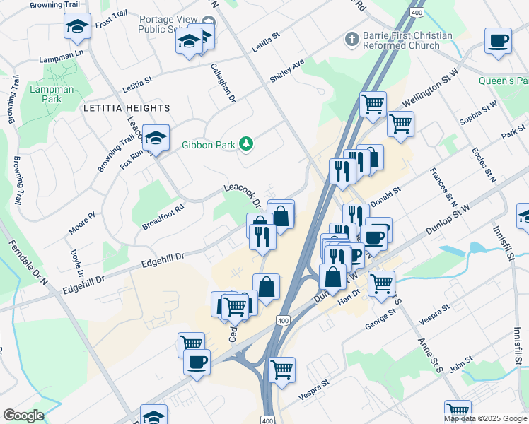 map of restaurants, bars, coffee shops, grocery stores, and more near Edgehill Drive & Leacock Drive in Barrie