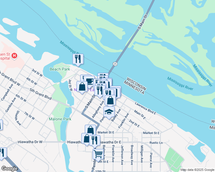 map of restaurants, bars, coffee shops, grocery stores, and more near 225 Lawrence Boulevard West in Wabasha