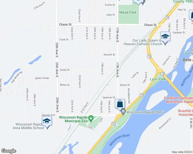 map of restaurants, bars, coffee shops, grocery stores, and more near 1160 19th Avenue South in Wisconsin Rapids