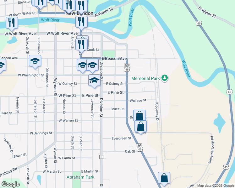 map of restaurants, bars, coffee shops, grocery stores, and more near 417 East Pine Street in New London