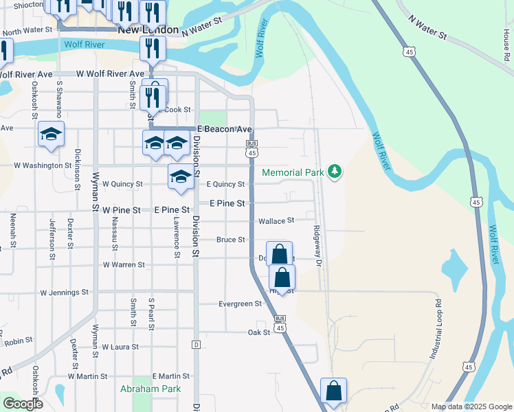 map of restaurants, bars, coffee shops, grocery stores, and more near 514 East Pine Street in New London