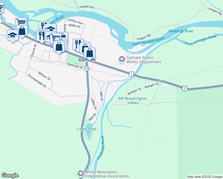 map of restaurants, bars, coffee shops, grocery stores, and more near 36 Washington Street in Gorham