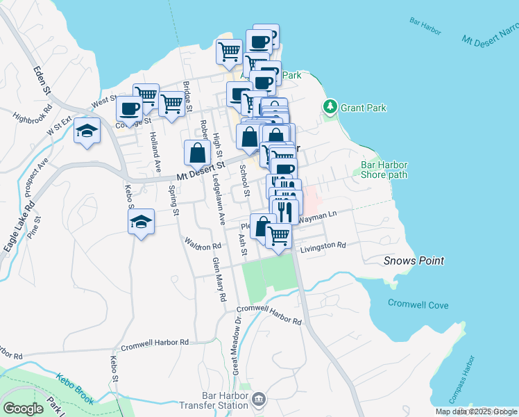map of restaurants, bars, coffee shops, grocery stores, and more near 19 1st S St in Bar Harbor